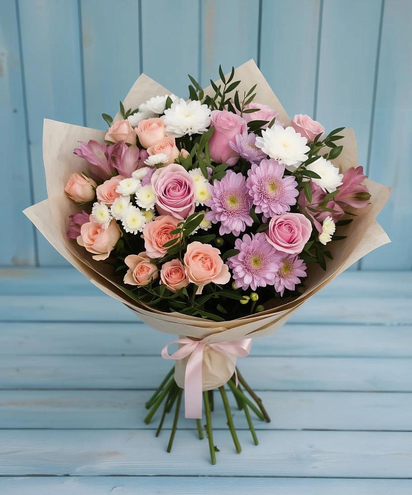 Букет цветов из: Хризантемы, Розы и Альстромерии в Домодедово
