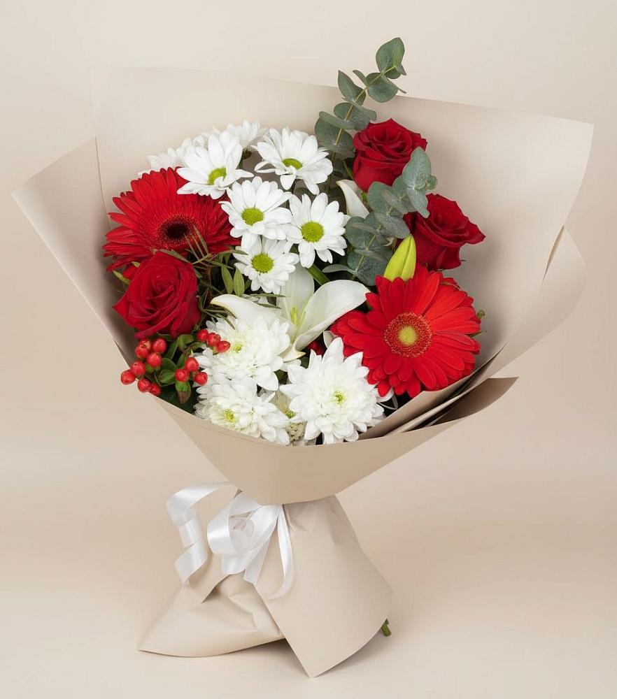 Букет цветов из: Розы, Хризантемы, Герберы и Лилии в Домодедово