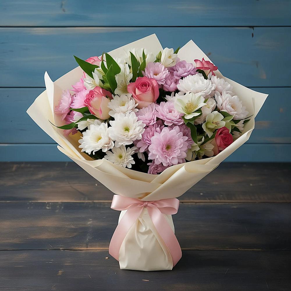 Букет цветов из: Хризантемы, Альстромерии и Розы в Домодедово